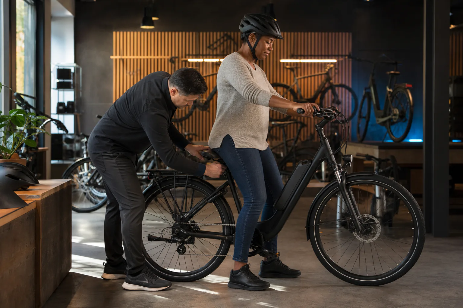 Shopper tests the fit of a commuter e-bike while a bike specialist adjusts the saddle