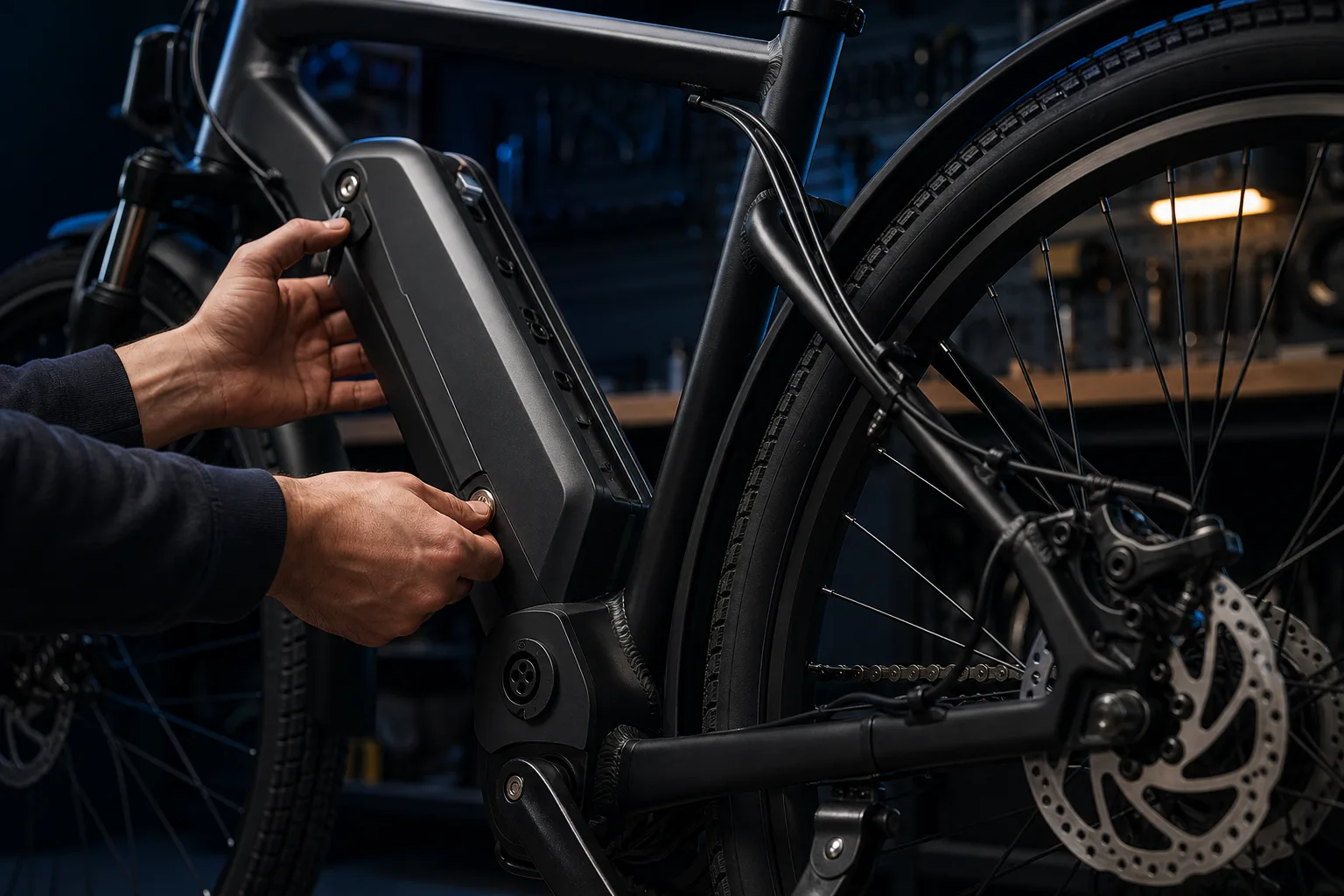 Close inspection of an e-bike battery mount, frame, tire and disc brake