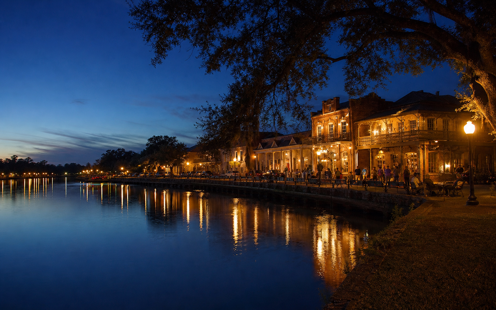 Cane River and downtown Natchitoches at blue hour